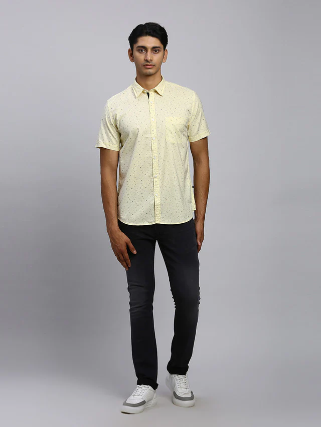 Parx Men Yellow Printed Slim Fit Half Sleeve Semi Cut Away Collar Shirt - Image 6