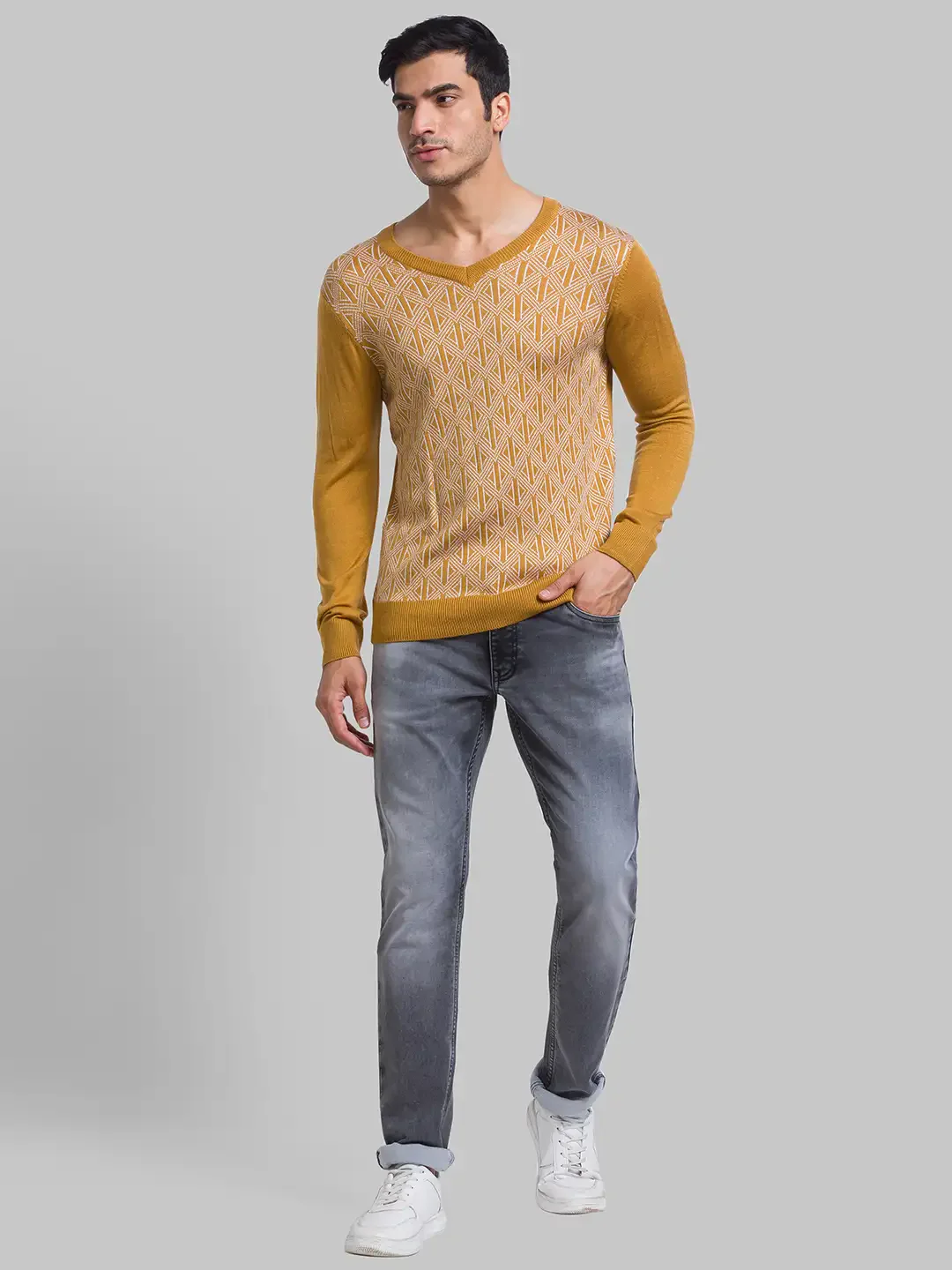 Parx Men Yellow Regular Fit Yarn Dyed Acrylic Full Sleeves V Neck Sweater - Image 5