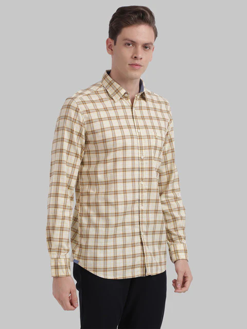 Parx Men Yellow Slim Fit Checks Full Sleeve Cutaway Collar Shirt - Image 2
