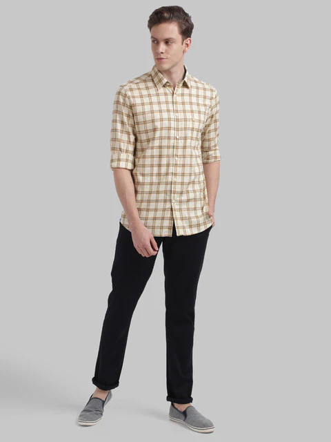 Parx Men Yellow Slim Fit Checks Full Sleeve Cutaway Collar Shirt - Image 5