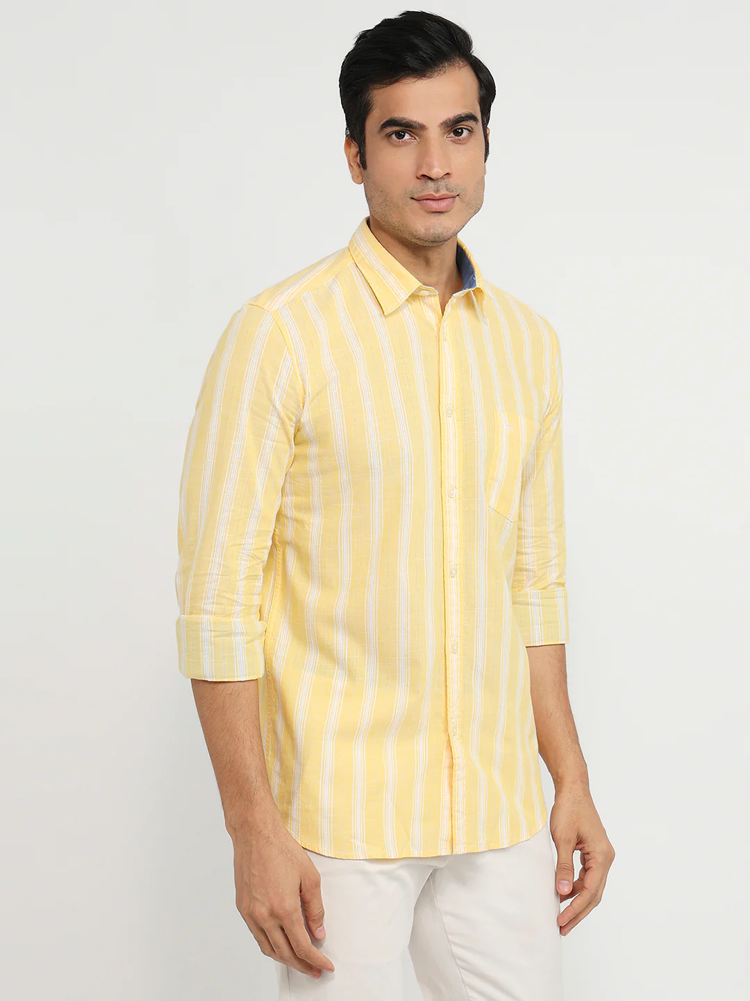Parx Men Yellow Stripe Slim Fit Cotton Shirt - Image 3