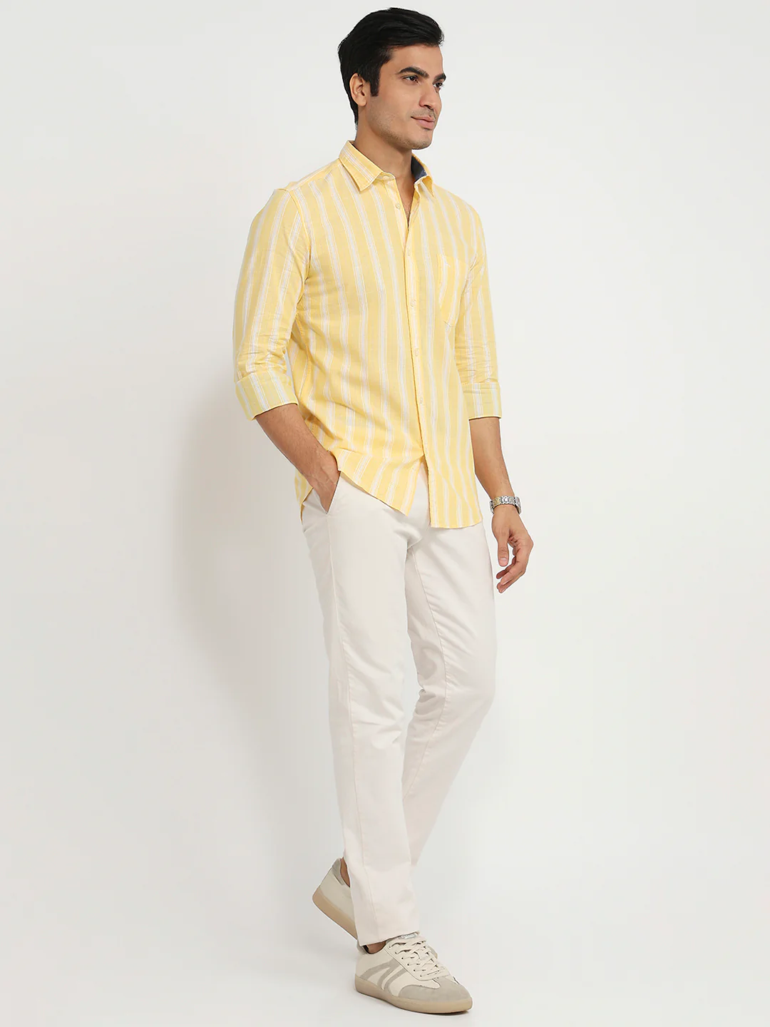 Parx Men Yellow Stripe Slim Fit Cotton Shirt - Image 5