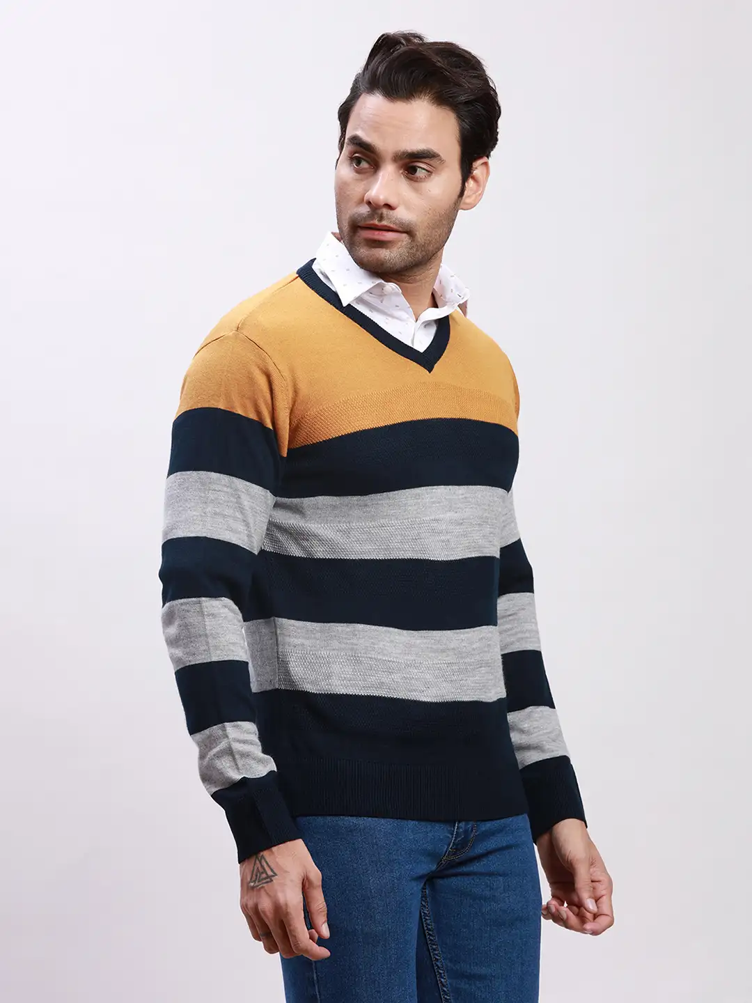 Parx Men Yellow Yarn Dyed Acrylic Full Sleeve V Neck Sweaters - Image 2