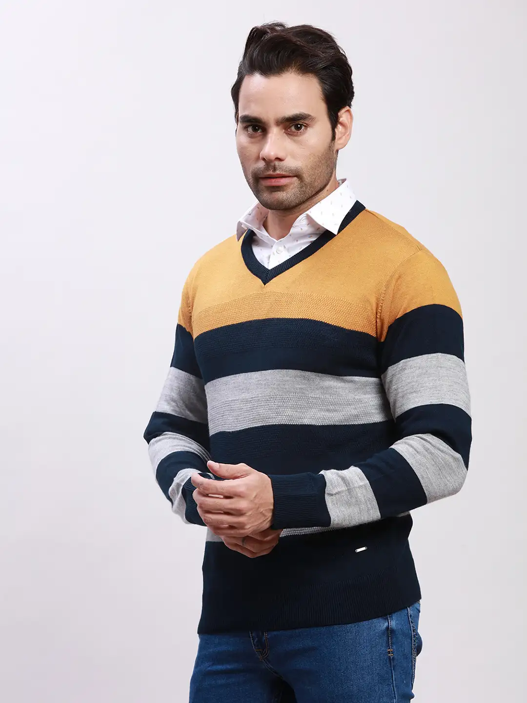 Parx Men Yellow Yarn Dyed Acrylic Full Sleeve V Neck Sweaters - Image 3