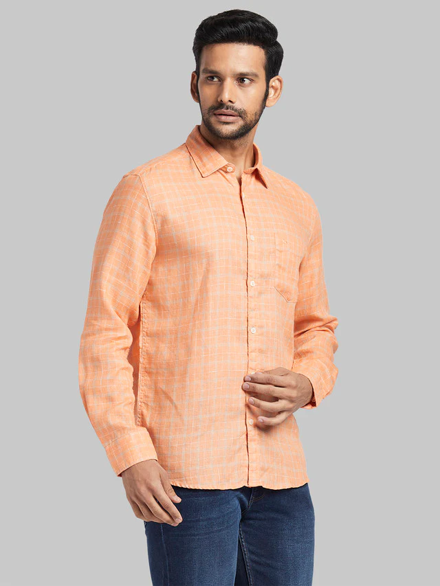 Parx Orange Checks Slim Fit Linen Casual Shirt - Image 2