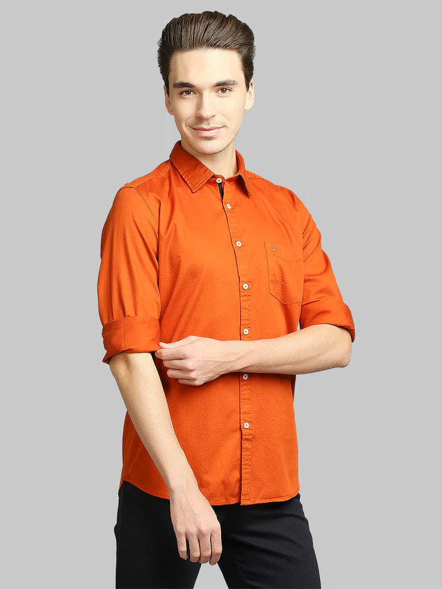 Parx Orange Solid Slim Fit Cotton Casual Shirt - Image 2