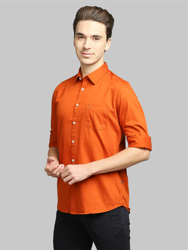 Parx Orange Solid Slim Fit Cotton Casual Shirt - Image 3