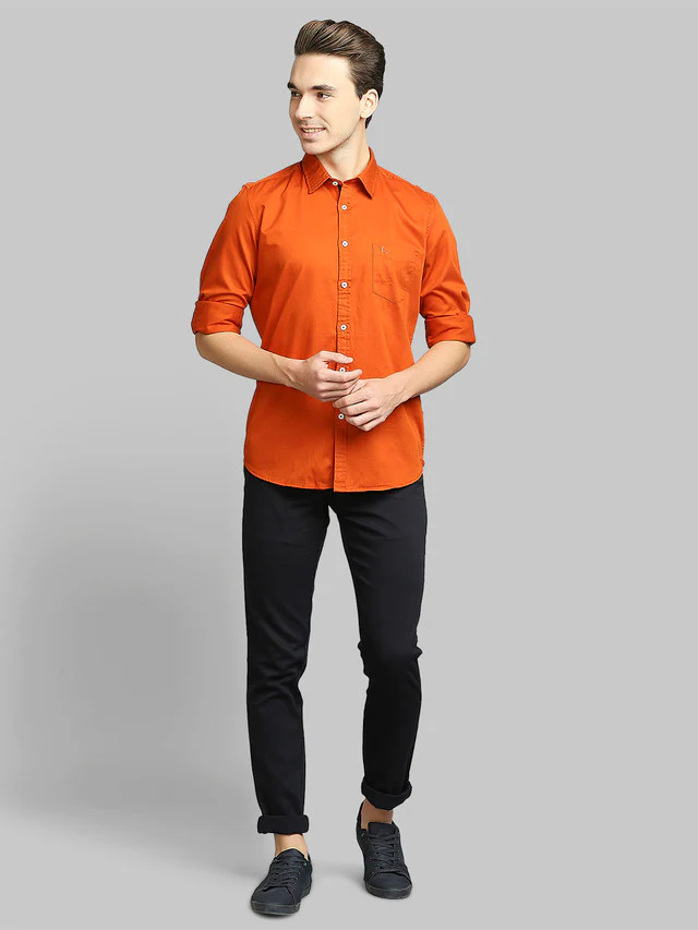Parx Orange Solid Slim Fit Cotton Casual Shirt - Image 5
