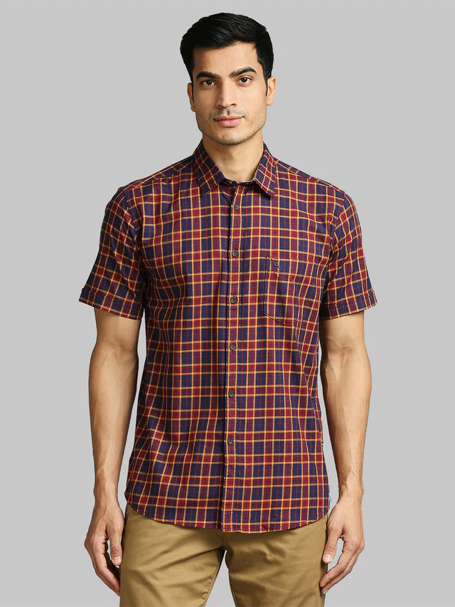 Parx Red Checks Slim Fit Cotton Blend Casual Shirt