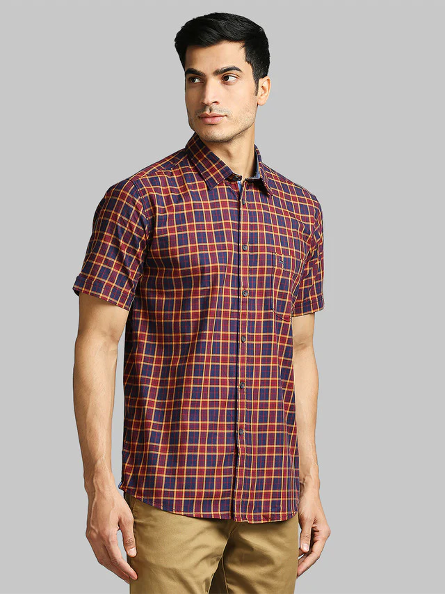 Parx Red Checks Slim Fit Cotton Blend Casual Shirt - Image 2