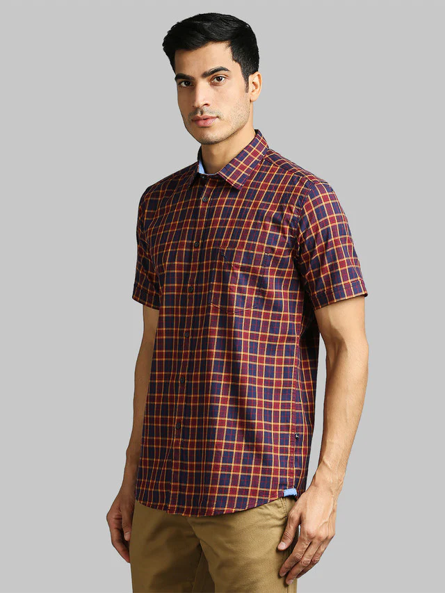 Parx Red Checks Slim Fit Cotton Blend Casual Shirt - Image 3