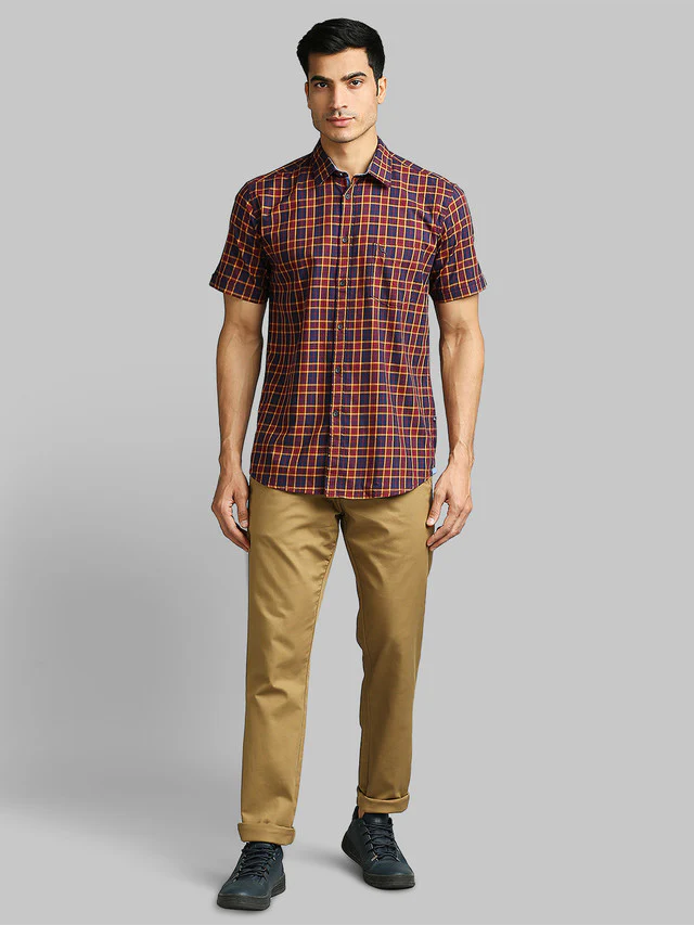 Parx Red Checks Slim Fit Cotton Blend Casual Shirt - Image 5