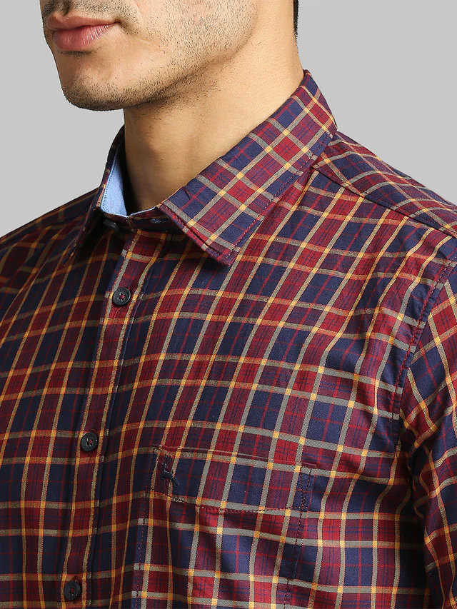 Parx Red Checks Slim Fit Cotton Blend Casual Shirt - Image 6