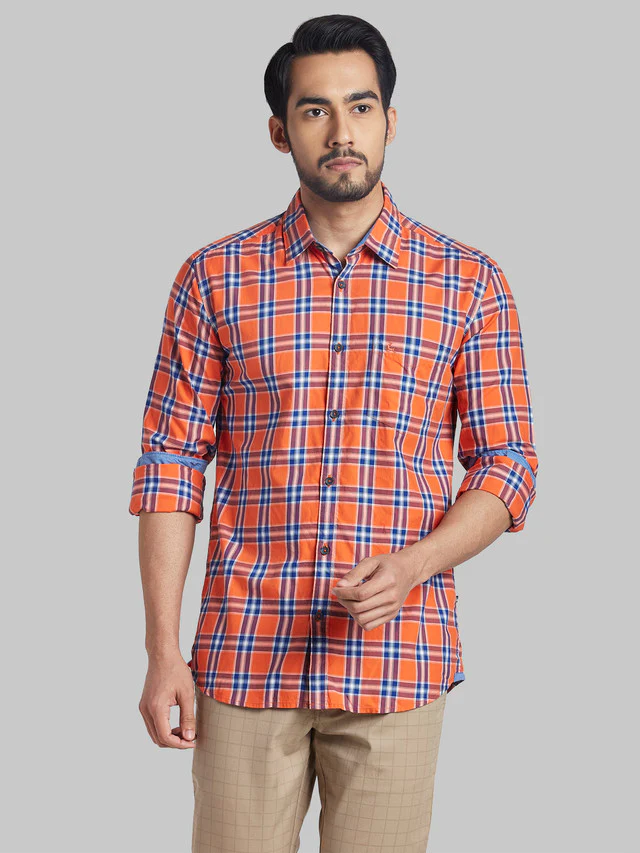 Parx Red Checks Slim Fit Cotton Casual Shirt