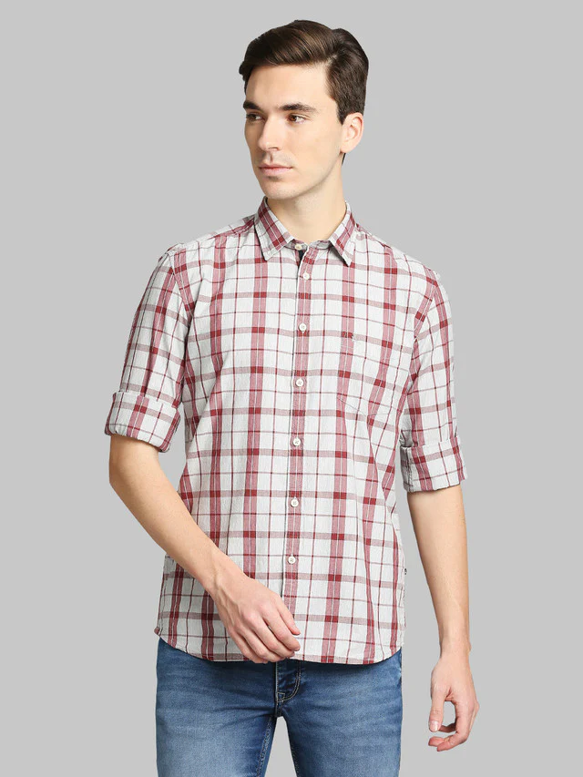 Parx Red Checks Slim Fit Cotton Casual Shirt