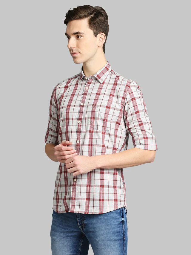 Parx Red Checks Slim Fit Cotton Casual Shirt - Image 3
