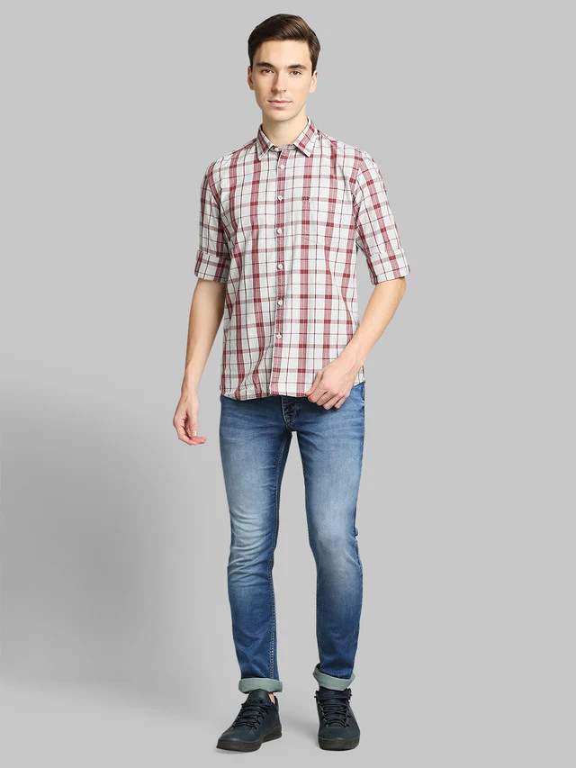 Parx Red Checks Slim Fit Cotton Casual Shirt - Image 5
