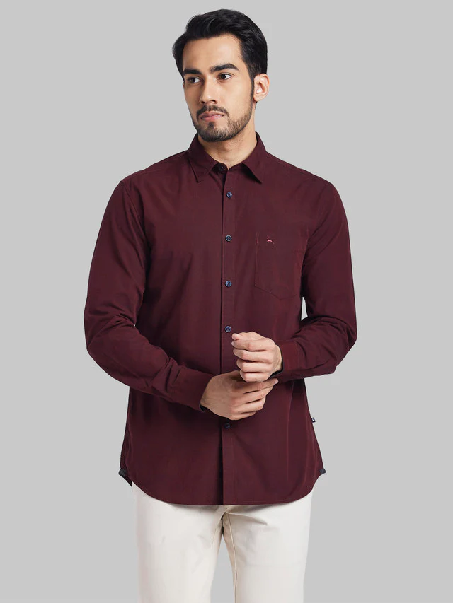 Parx Red Solid Slim Fit Cotton Casual Shirt