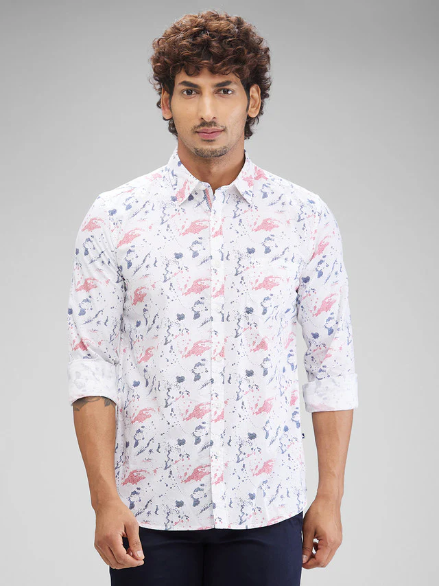 Parx White Printed Slim Fit Cotton Casual Shirt