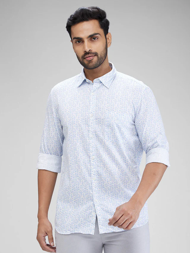 Parx White Printed Slim Fit Cotton Casual Shirt
