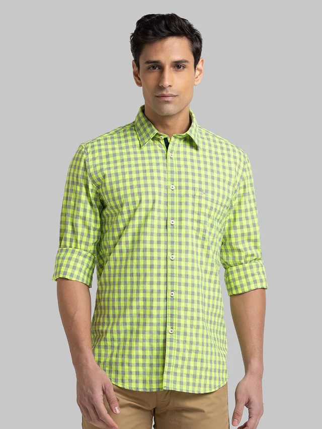 Parx Yellow Checks Slim Fit Cotton Blend Casual Shirt