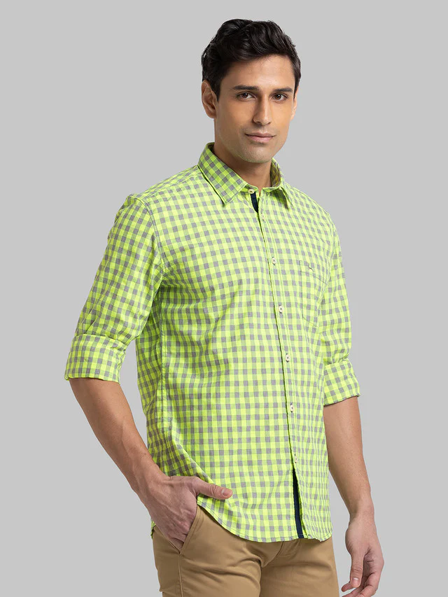 Parx Yellow Checks Slim Fit Cotton Blend Casual Shirt - Image 2