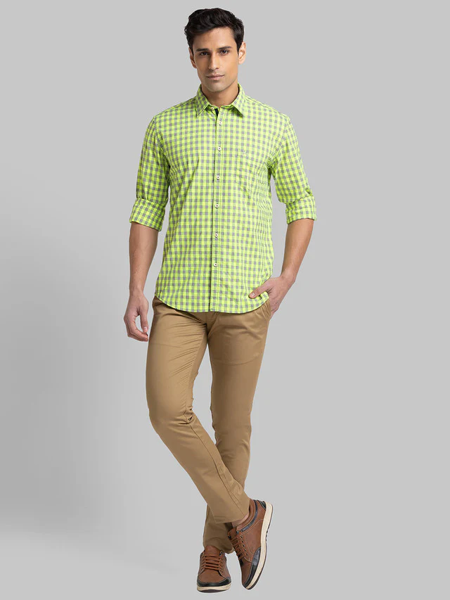 Parx Yellow Checks Slim Fit Cotton Blend Casual Shirt - Image 5