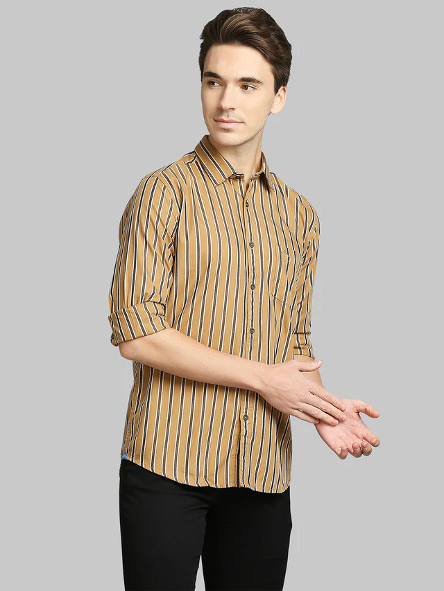 Parx Yellow Stripe Slim Fit Cotton Casual Shirt - Image 2