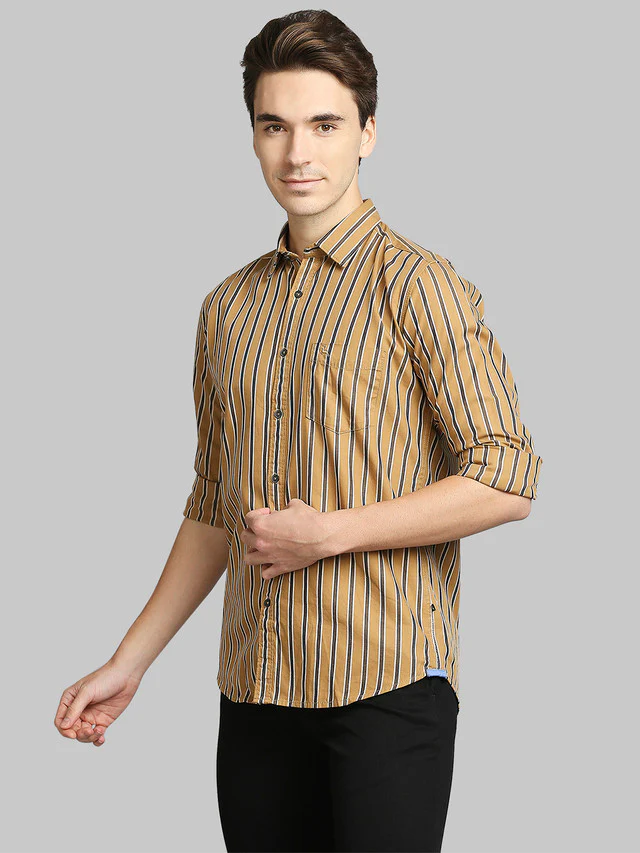 Parx Yellow Stripe Slim Fit Cotton Casual Shirt - Image 3