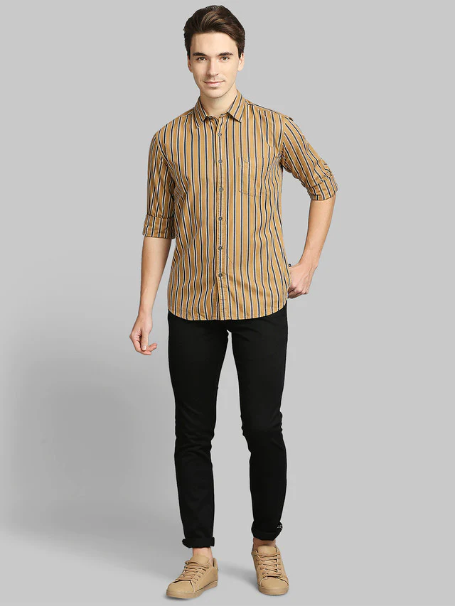 Parx Yellow Stripe Slim Fit Cotton Casual Shirt - Image 5