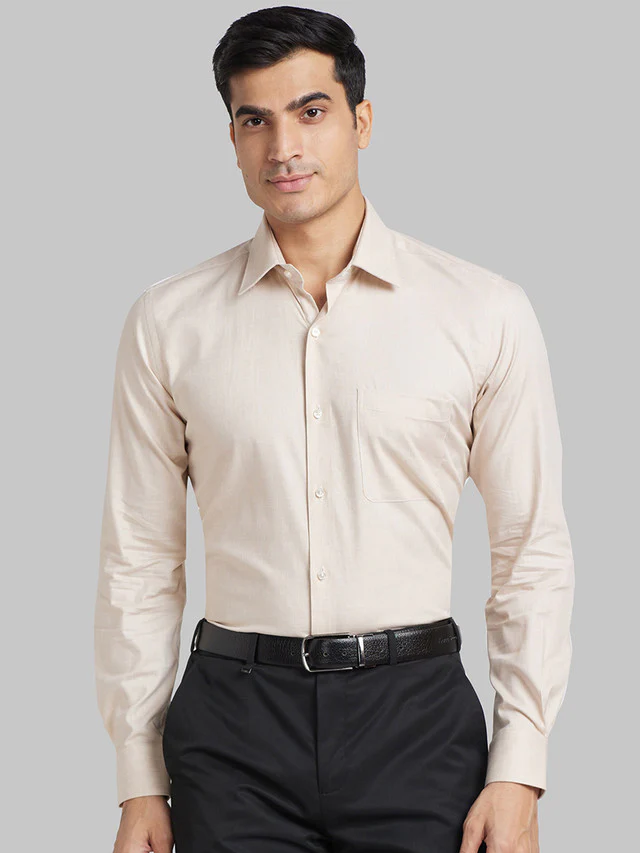 Raymond Beige Solid Contemporary Fit Cotton Blend Formal Shirt