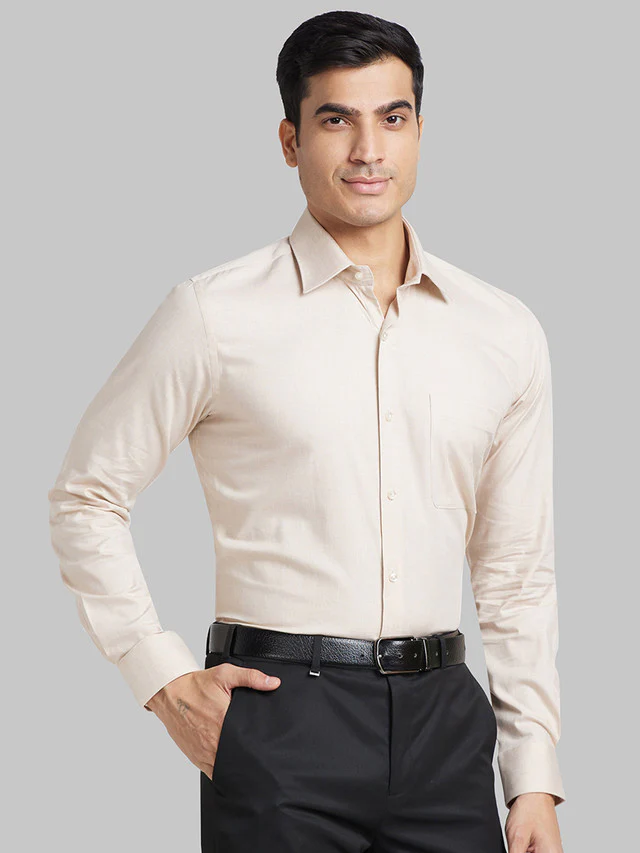Raymond Beige Solid Contemporary Fit Cotton Blend Formal Shirt - Image 2