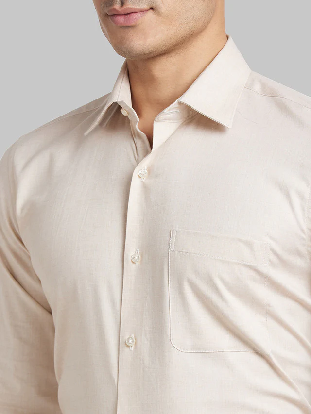 Raymond Beige Solid Contemporary Fit Cotton Blend Formal Shirt - Image 6