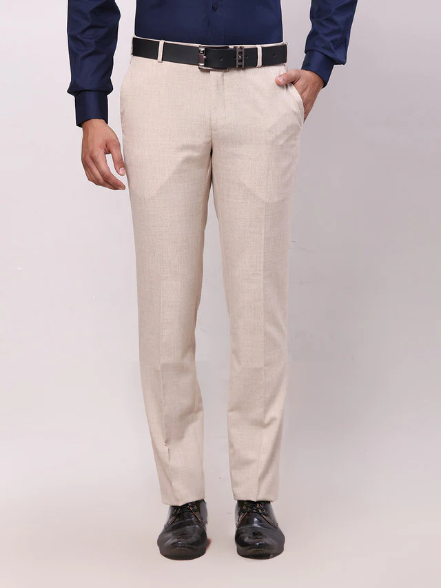 Raymond Beige Solid Contemporary Fit Polyester Blend Trouser