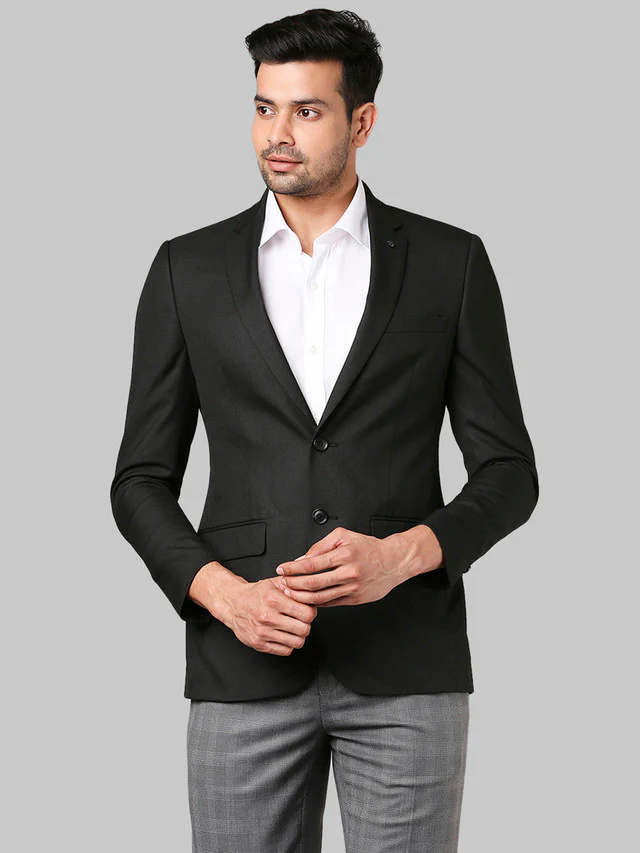 Raymond Black Checks Contemporary Fit Polyester Blend Blazer