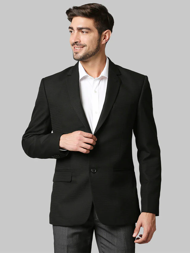 Raymond Black Checks Contemporary Fit Polyester Blend Blazer
