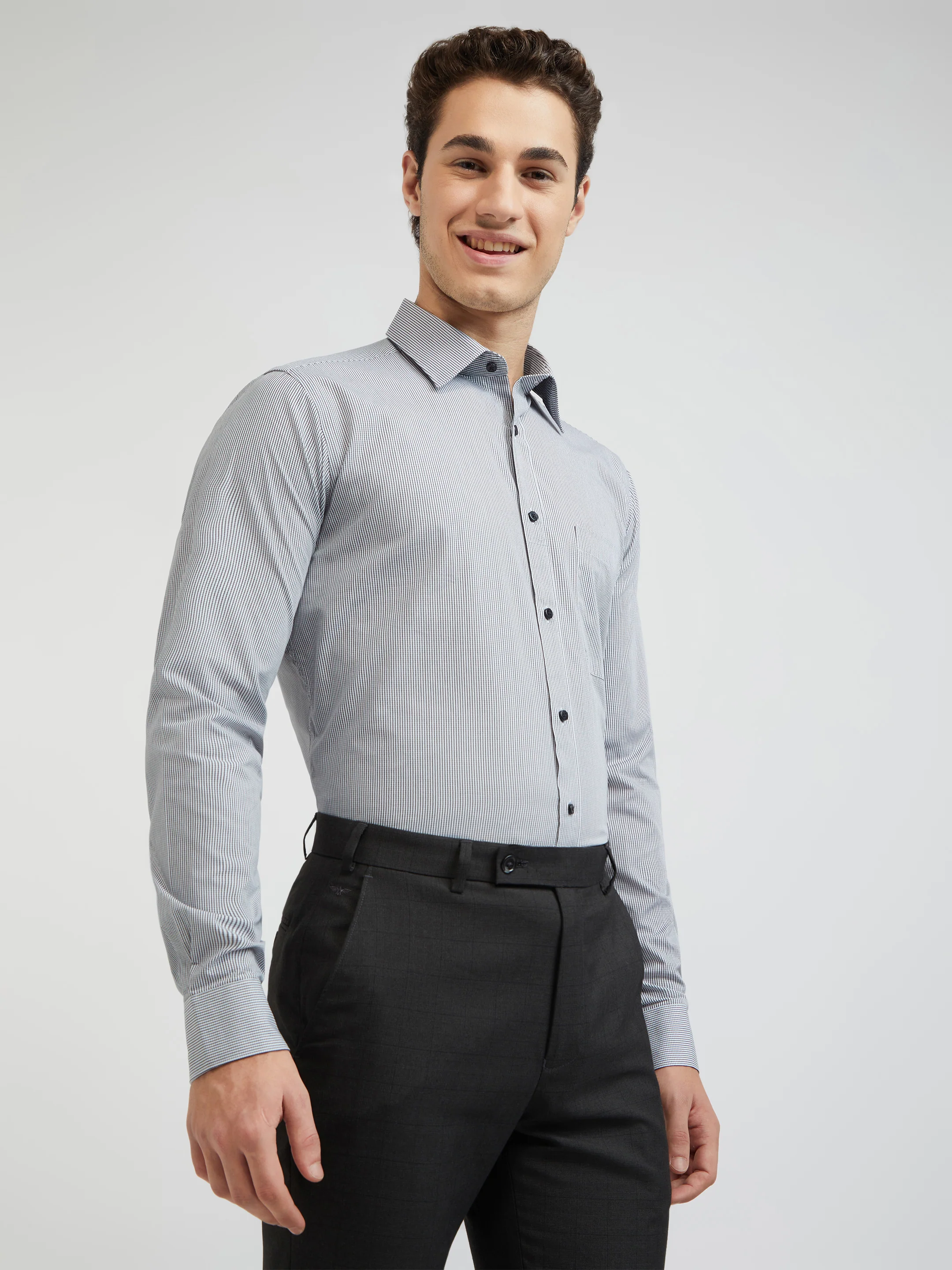 Raymond Men Grey Checks Slim Fit Cotton Formal Shirt - Image 2