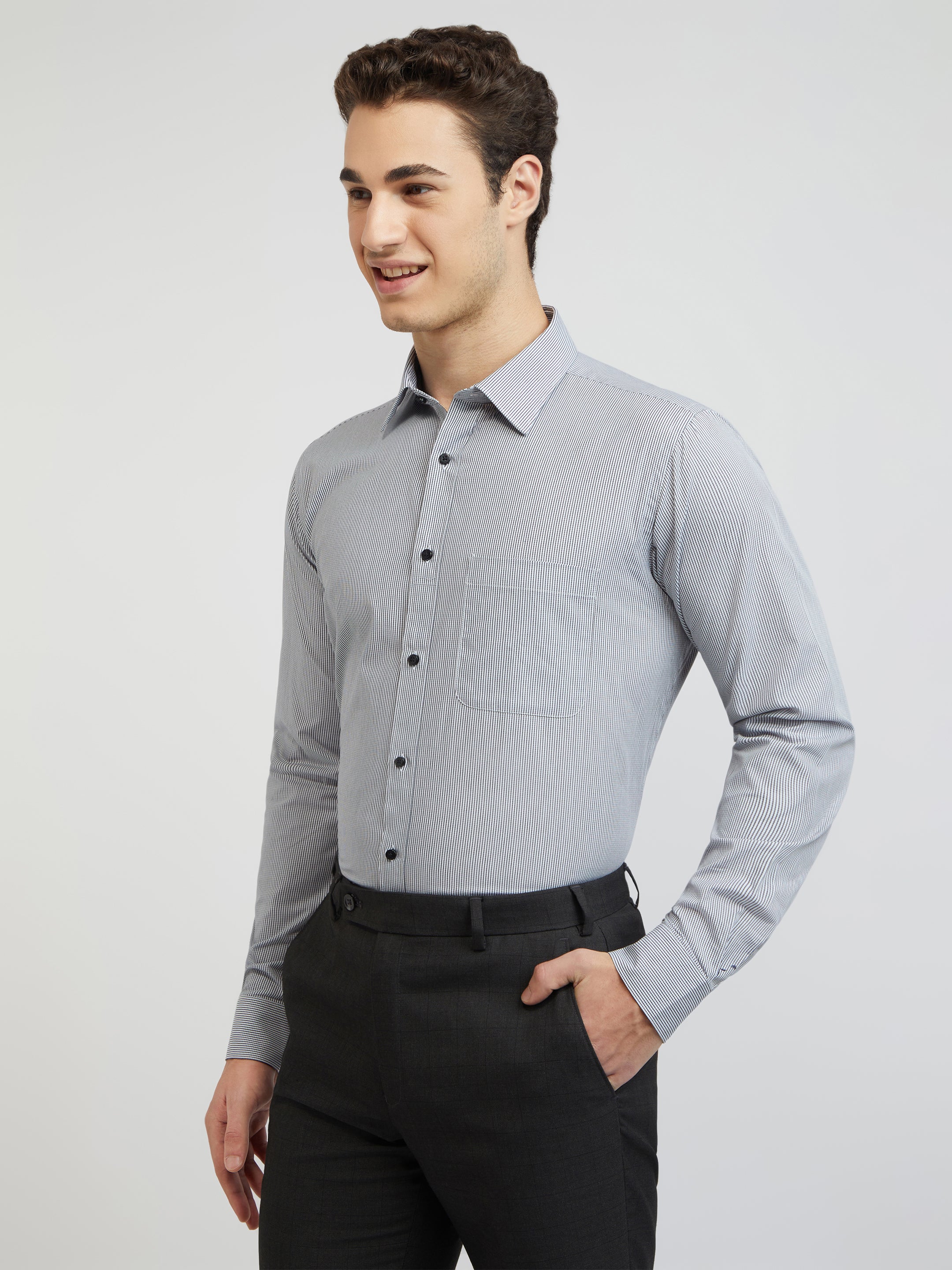 Raymond Men Grey Checks Slim Fit Cotton Formal Shirt - Image 3