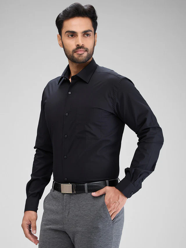 Raymond Black Solid Contemporary Fit Cotton Formal Shirt - Image 3