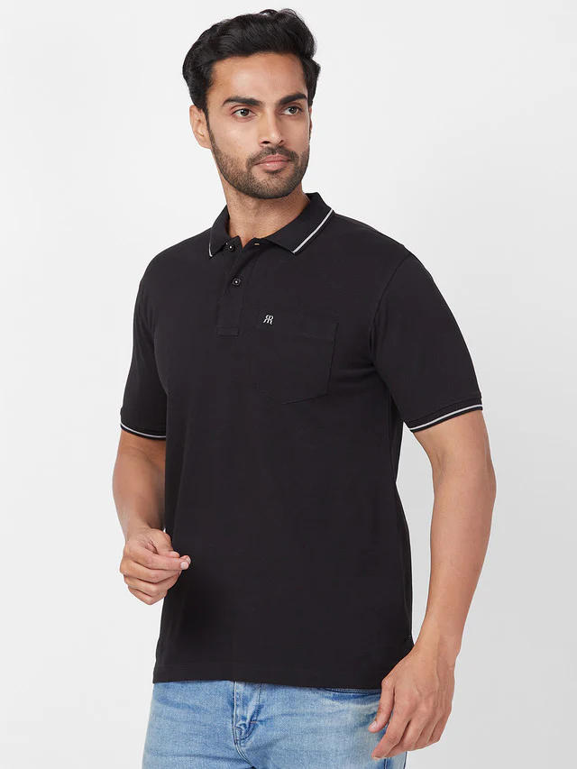 Raymond Men Black Modern Fit Solid Polo Neck Collar T-Shirt - Image 3