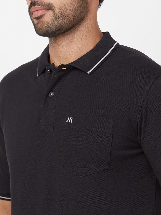Raymond Men Black Modern Fit Solid Polo Neck Collar T-Shirt - Image 6
