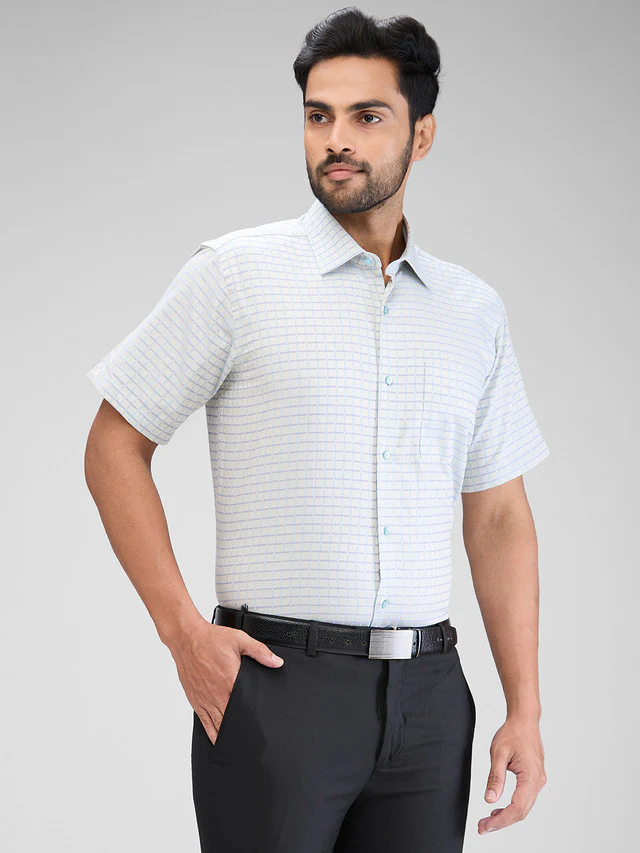 Raymond Blue Checks Contemporary Fit Cotton Formal Shirt - Image 2