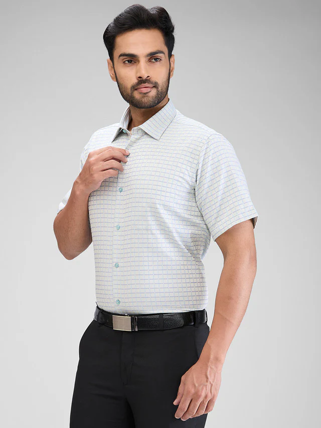 Raymond Blue Checks Contemporary Fit Cotton Formal Shirt - Image 3