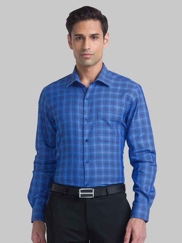Raymond Blue Checks Contemporary Fit Full Sleeve Cotton Shirt