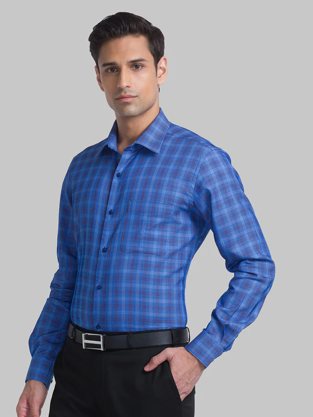 Raymond Blue Checks Contemporary Fit Full Sleeve Cotton Shirt - Image 3