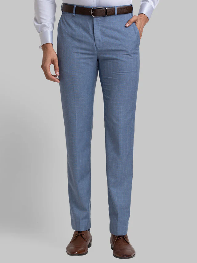 Raymond Blue Checks Contemporary Fit Polyester Blend Trouser