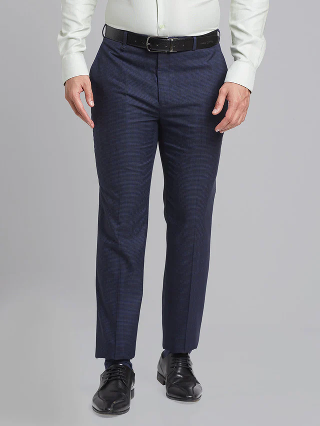 Raymond Blue Checks Contemporary Fit Polyester Blend Trouser
