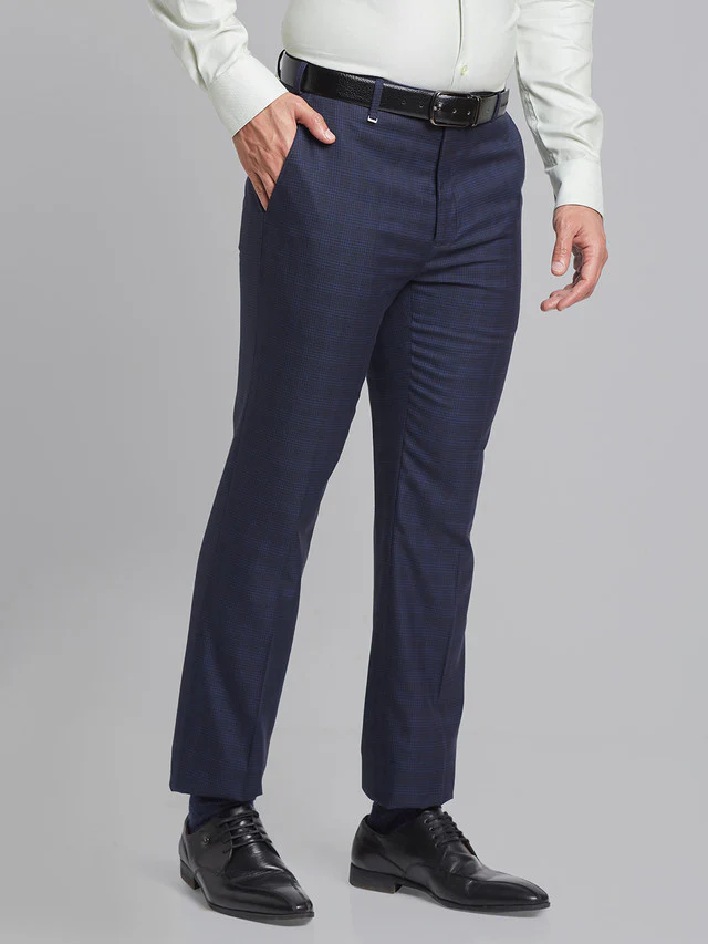 Raymond Blue Checks Contemporary Fit Polyester Blend Trouser - Image 2