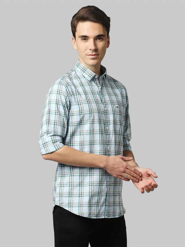 Raymond Blue Checks Slim Fit Cotton Casual Shirt - Image 2