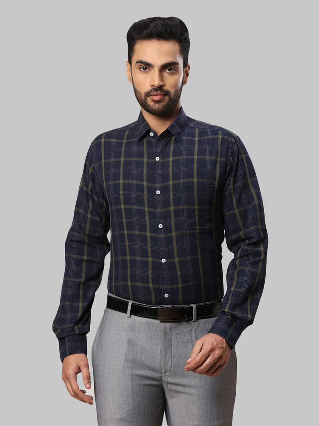 Raymond Blue Checks Slim Fit Cotton Casual Shirt